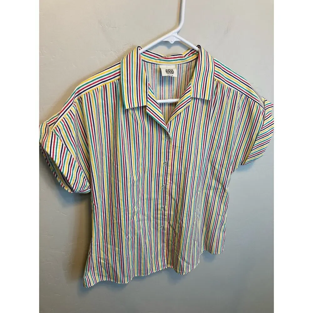 70's Vintage Nikki Rainbow Striped Short Sleeve Button Up Blouse Size 13/14 - Picture 6 of 12
